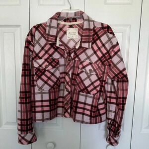 Altar’d State Jenny Cargo Cropped Plaid Shacket ‎ Pink White Medium